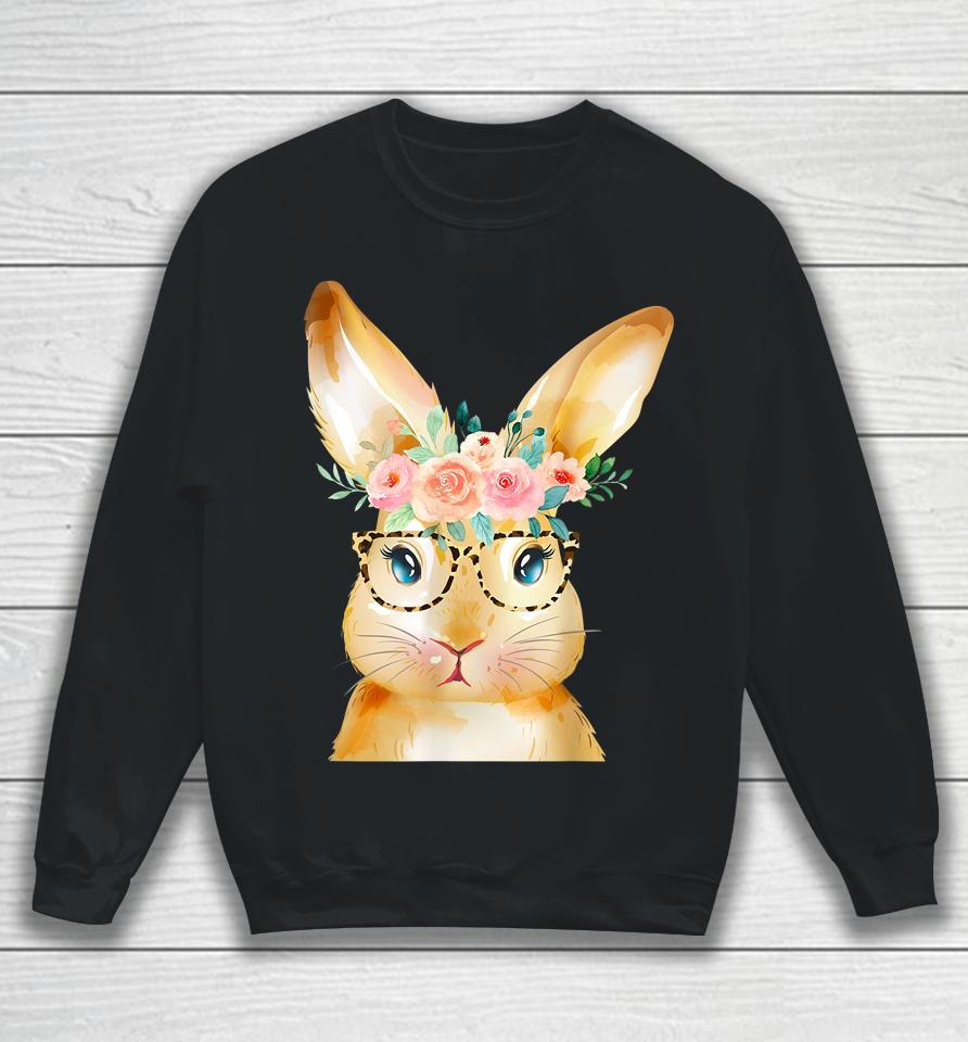 Cute Bunny Leopard Sunglasses Flowers Girls Women Easter Day Sweatshirt