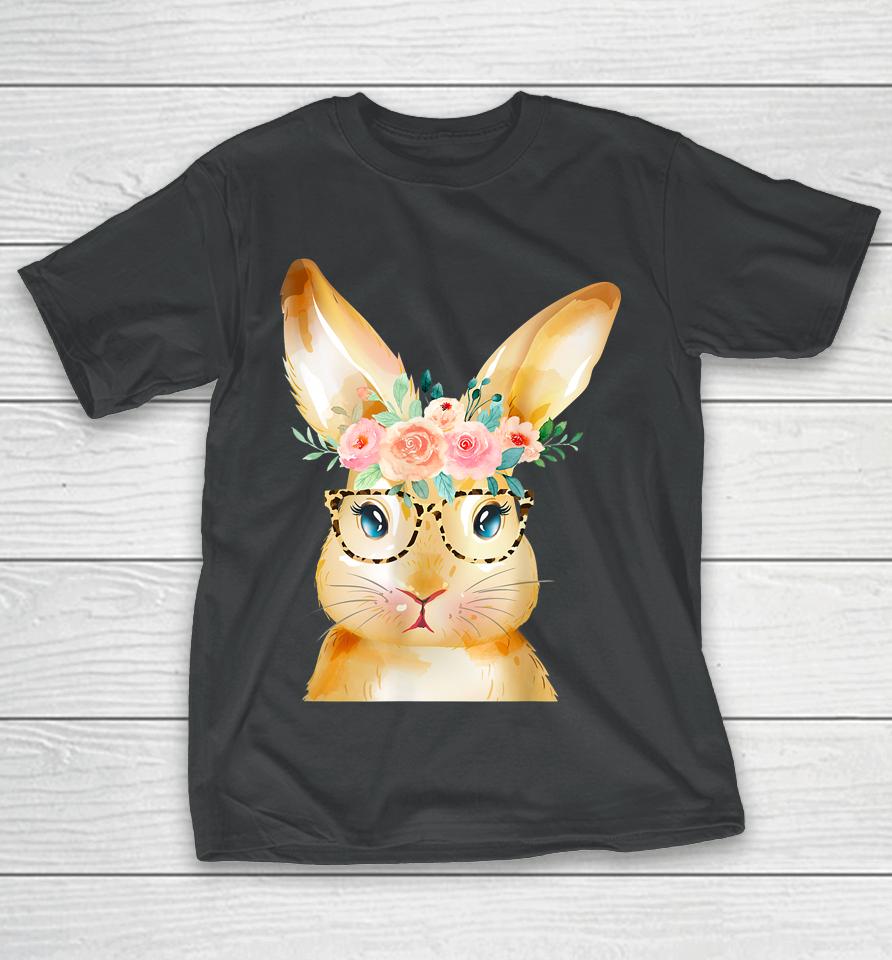 Cute Bunny Leopard Sunglasses Flowers Girls Women Easter Day T-Shirt