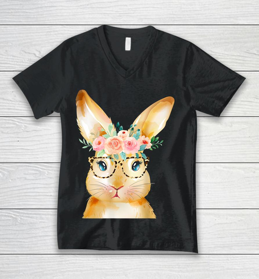 Cute Bunny Leopard Sunglasses Flowers Girls Women Easter Day Unisex V-Neck T-Shirt