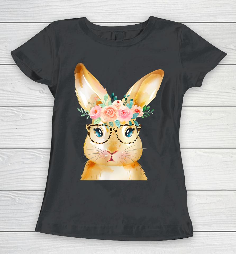Cute Bunny Leopard Sunglasses Flowers Girls Women Easter Day Women T-Shirt