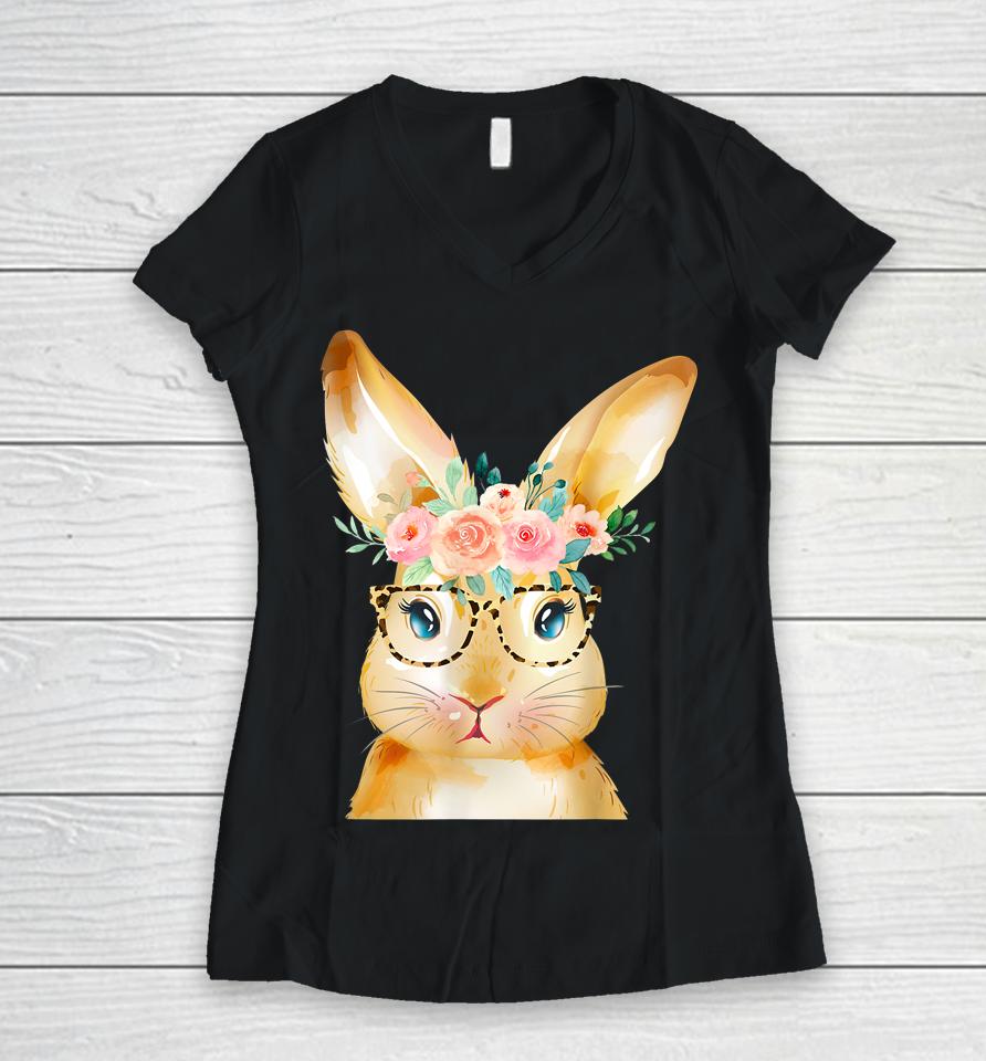 Cute Bunny Leopard Sunglasses Flowers Girls Women Easter Day Women V-Neck T-Shirt