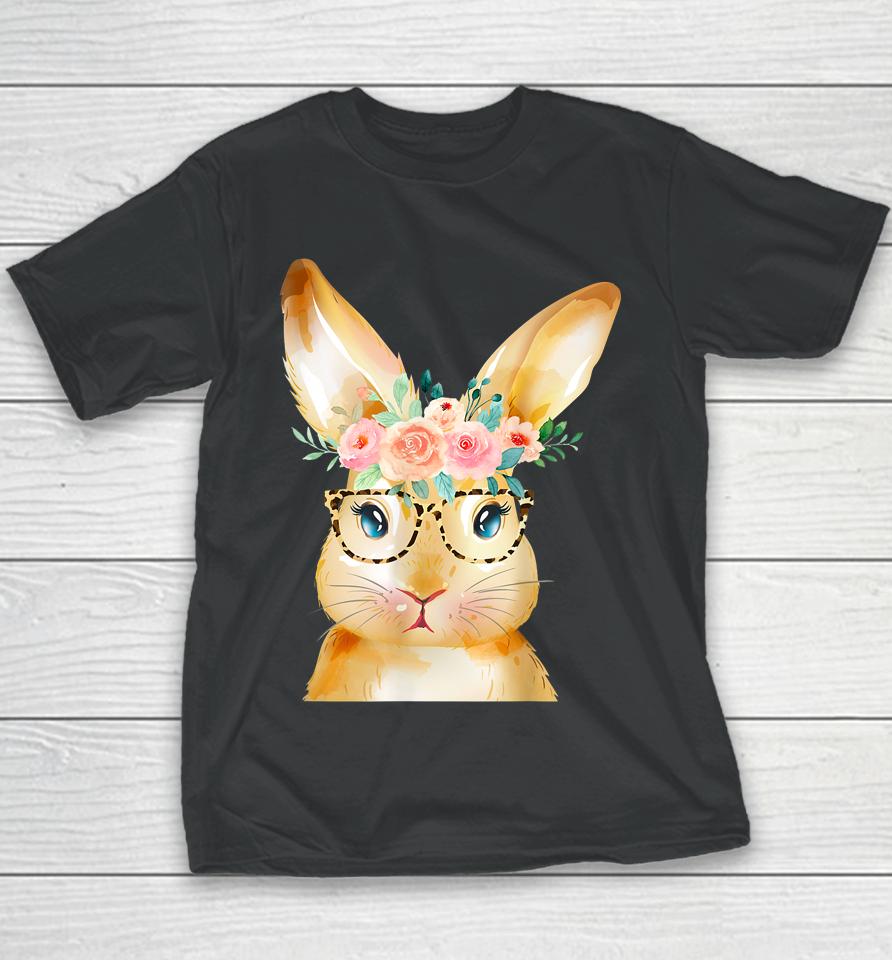 Cute Bunny Leopard Sunglasses Flowers Girls Women Easter Day Youth T-Shirt