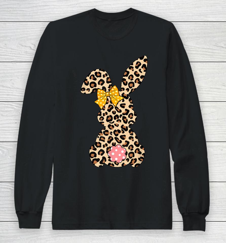 Cute Bunny Rabbit Leopard Bow Tie Happy Easter Day Long Sleeve T-Shirt