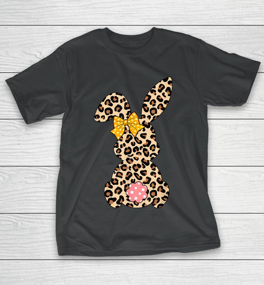 Cute Bunny Rabbit Leopard Bow Tie Happy Easter Day T-Shirt
