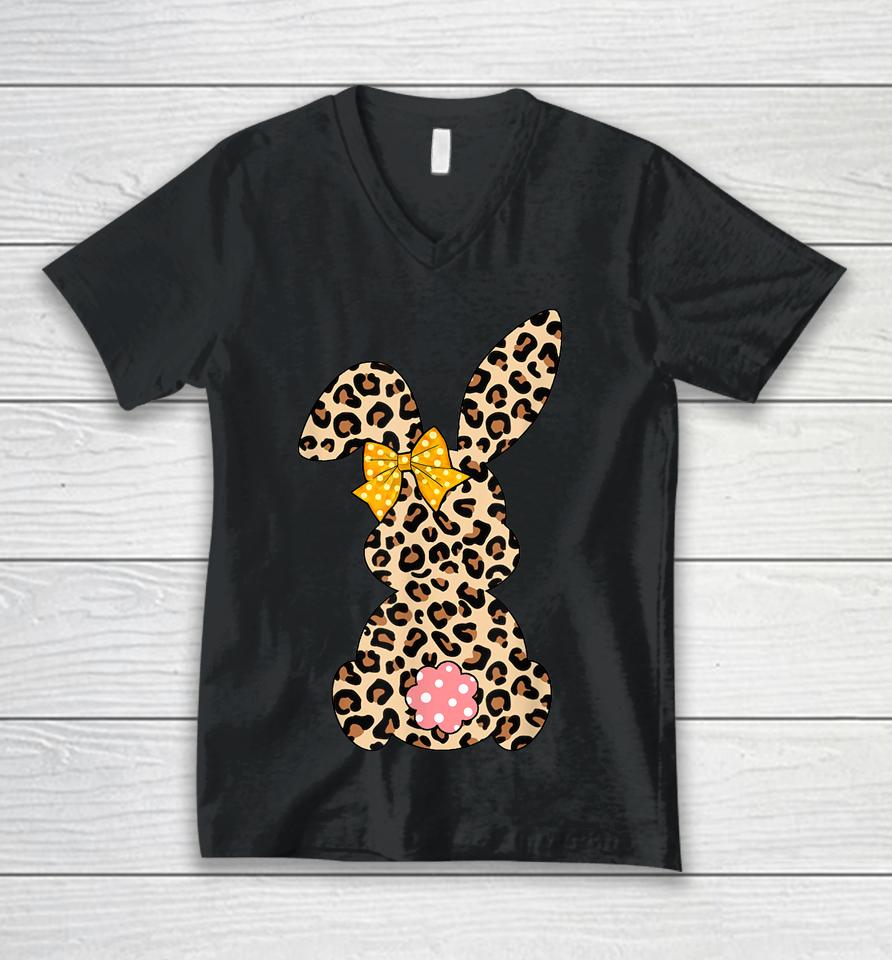 Cute Bunny Rabbit Leopard Bow Tie Happy Easter Day Unisex V-Neck T-Shirt