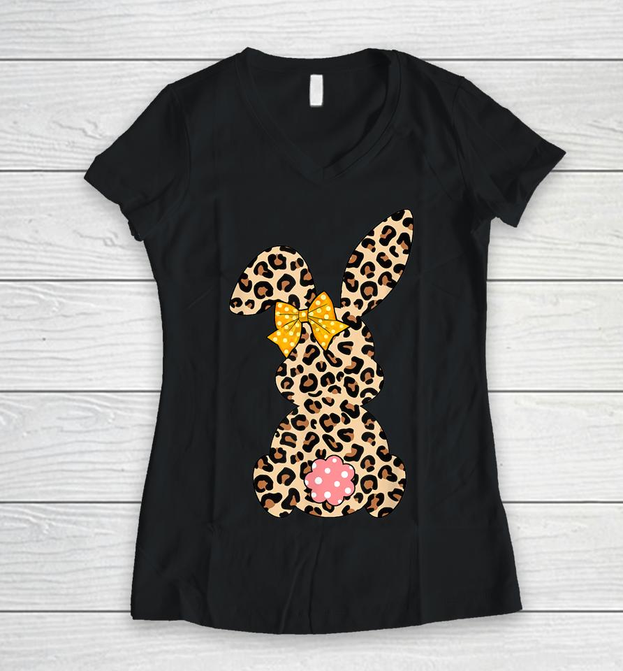 Cute Bunny Rabbit Leopard Bow Tie Happy Easter Day Women V-Neck T-Shirt