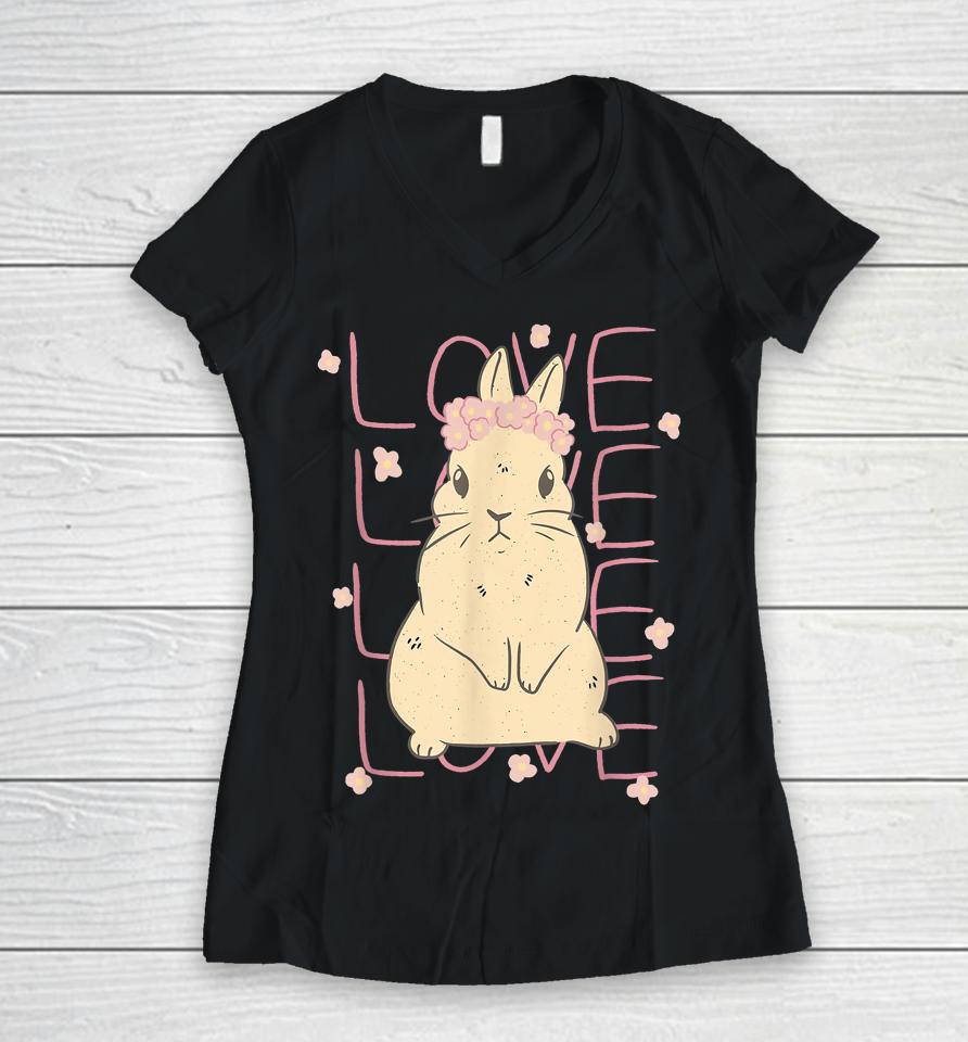 Cute Bunny Rabbit Love Stacked Women V-Neck T-Shirt