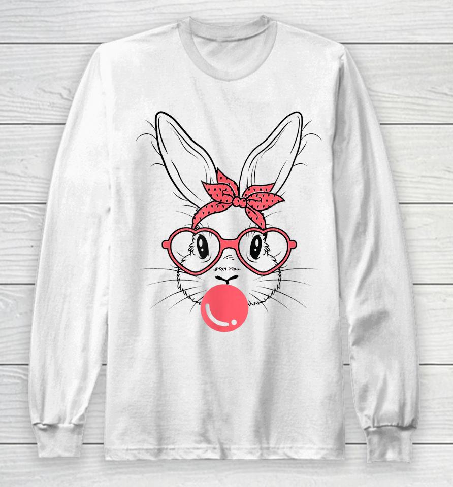 Cute Bunny With Bandana Glasses And Bubblegum Happy Easter Long Sleeve T-Shirt