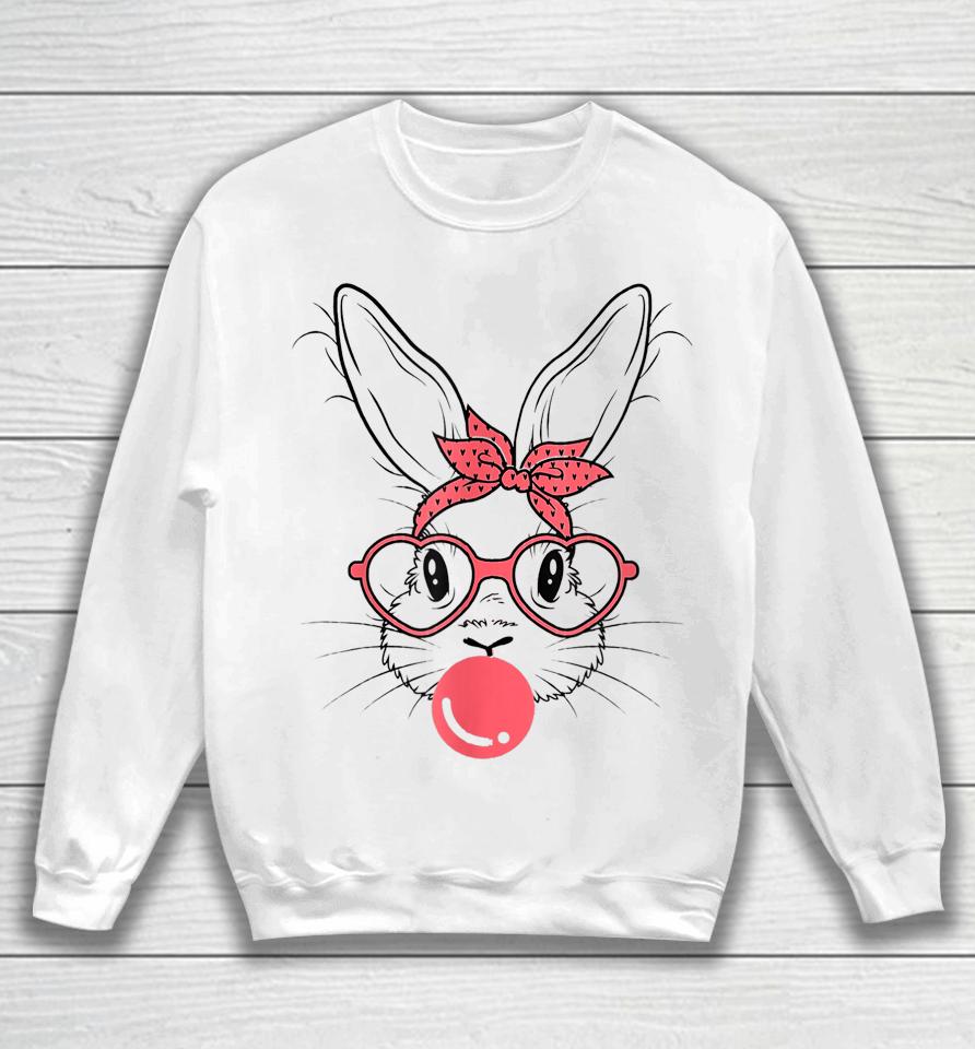Cute Bunny With Bandana Glasses And Bubblegum Happy Easter Sweatshirt