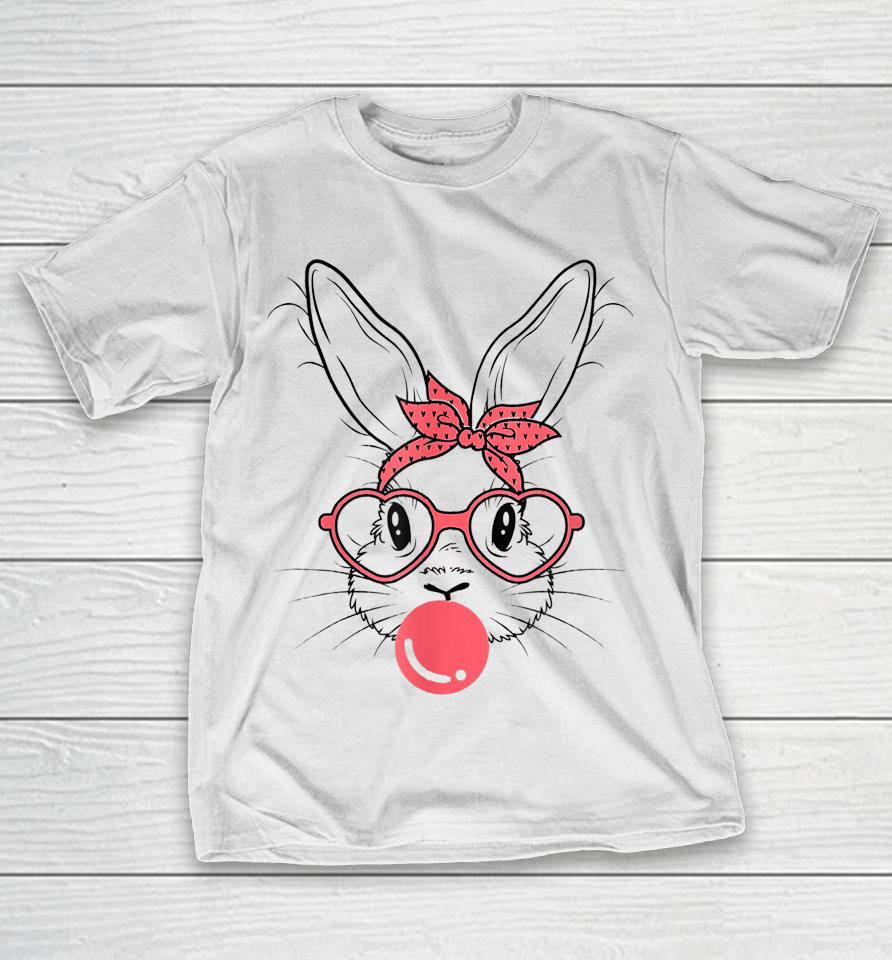 Cute Bunny With Bandana Glasses And Bubblegum Happy Easter T-Shirt