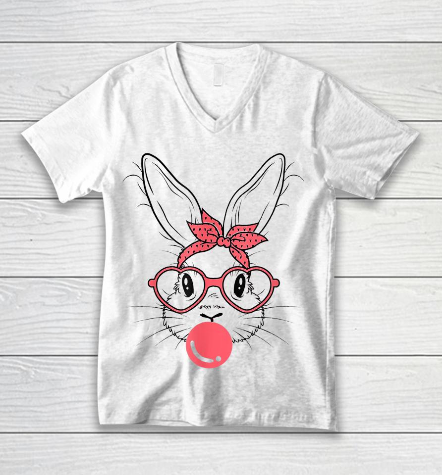 Cute Bunny With Bandana Glasses And Bubblegum Happy Easter Unisex V-Neck T-Shirt