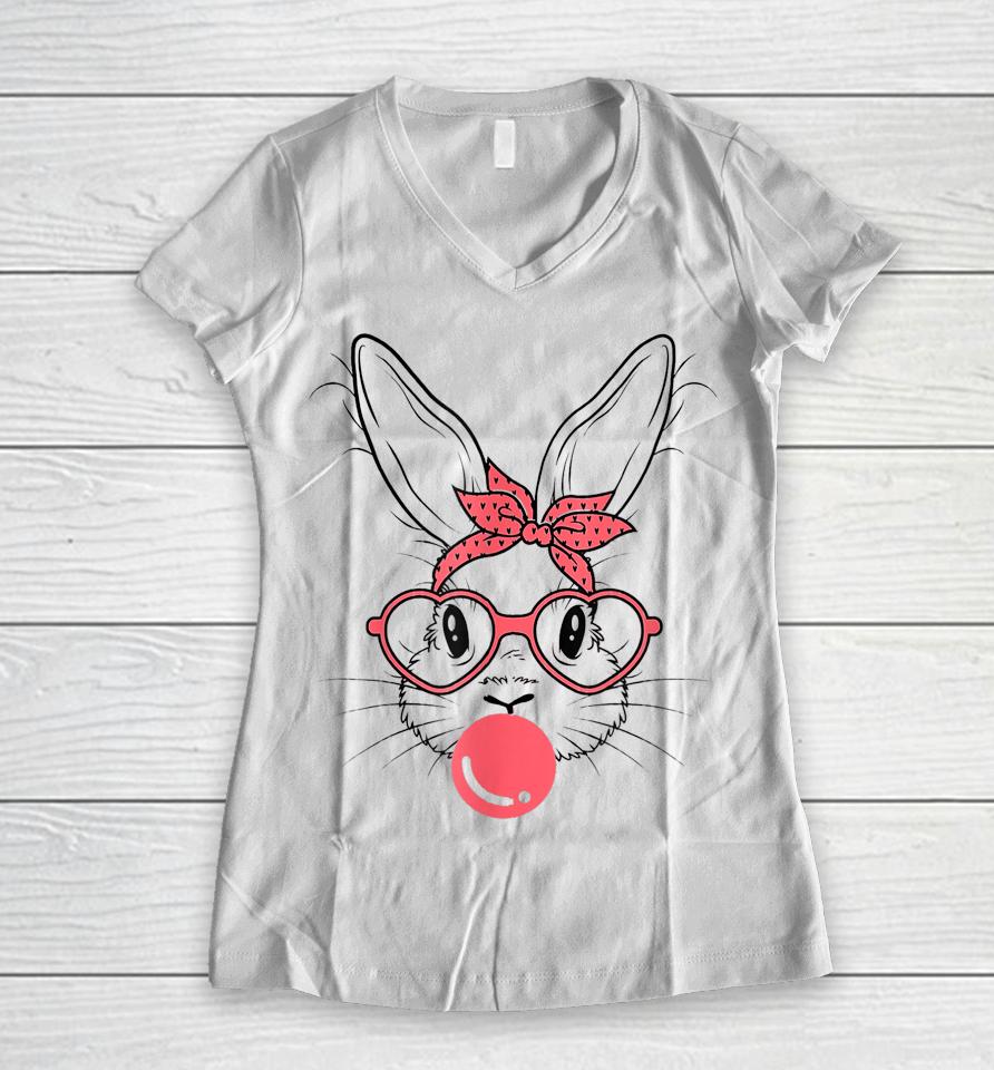 Cute Bunny With Bandana Glasses And Bubblegum Happy Easter Women V-Neck T-Shirt