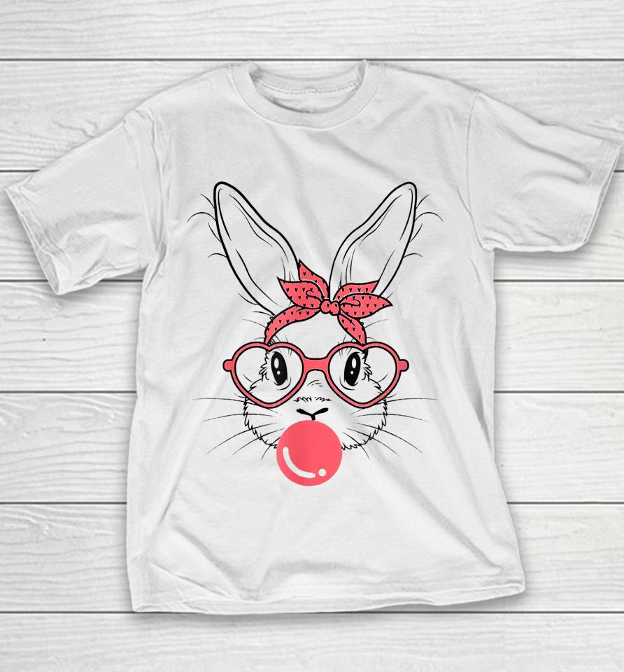 Cute Bunny With Bandana Glasses And Bubblegum Happy Easter Youth T-Shirt