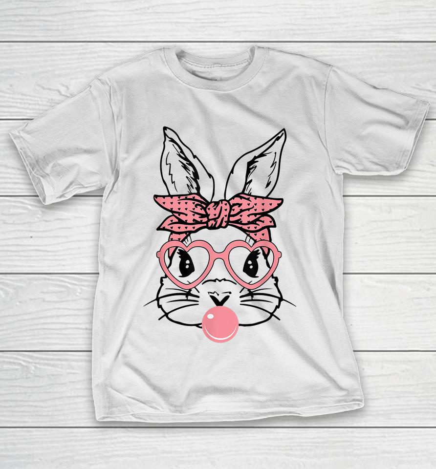 Cute Bunny With Bandana Heart Glasses Bubblegum Easter Day T-Shirt