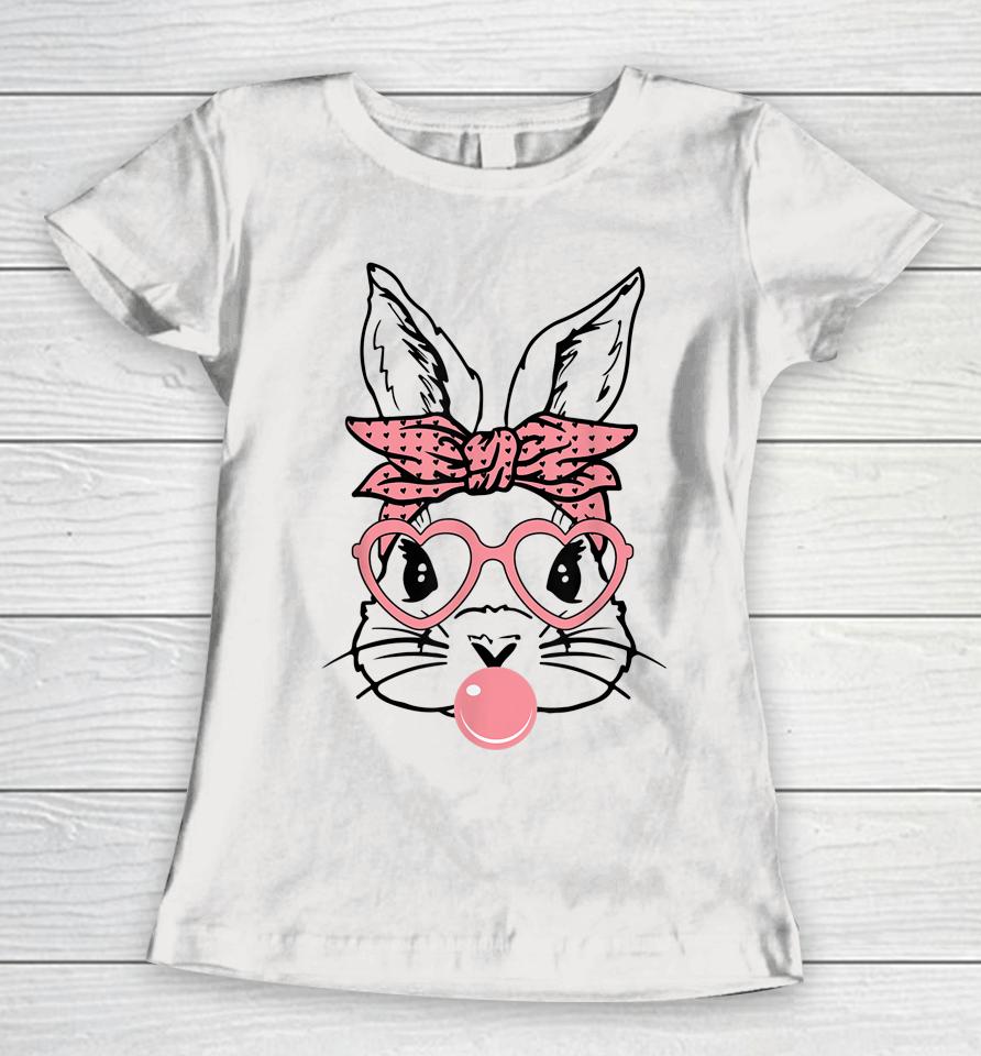 Cute Bunny With Bandana Heart Glasses Bubblegum Easter Day Women T-Shirt