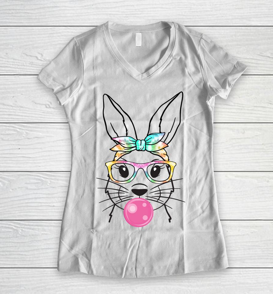 Cute Bunny With Bandana Heart Glasses Bubblegum Easter Day Women V-Neck T-Shirt