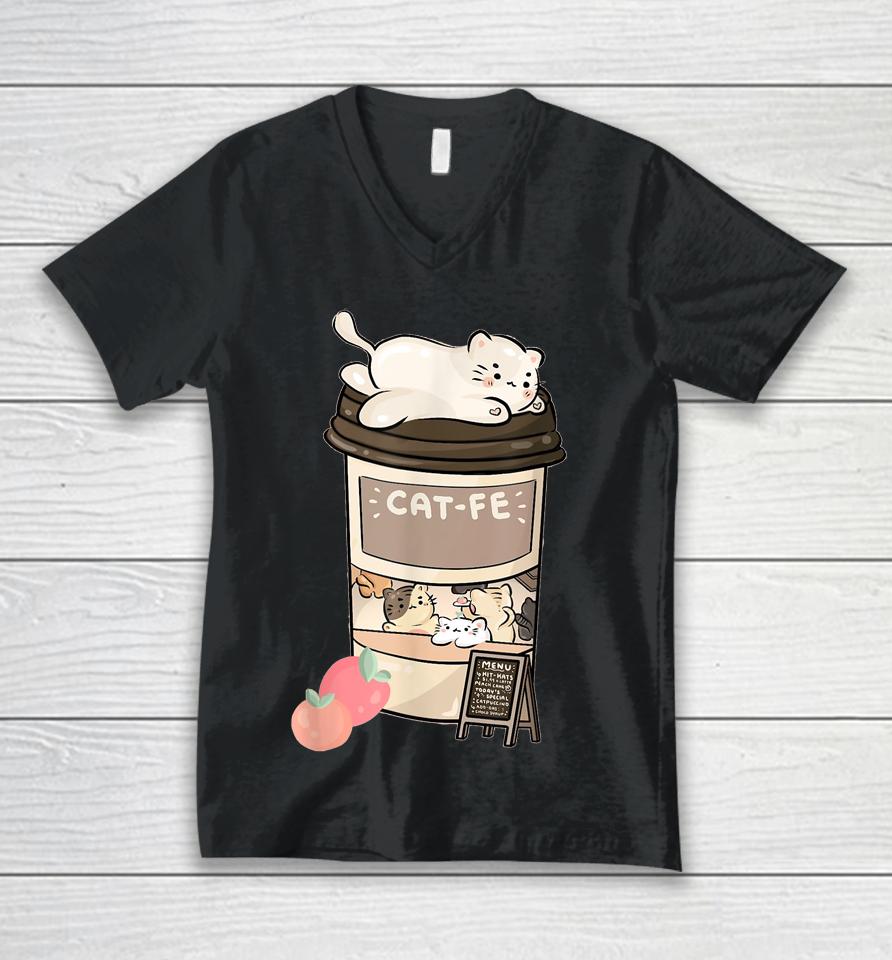 Cute Cat Cafe Kawaii Cat Coffee Anime Neko Kitty Cat Puns Unisex V-Neck T-Shirt