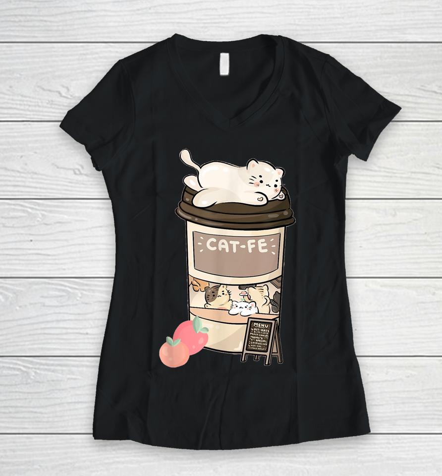 Cute Cat Cafe Kawaii Cat Coffee Anime Neko Kitty Cat Puns Women V-Neck T-Shirt