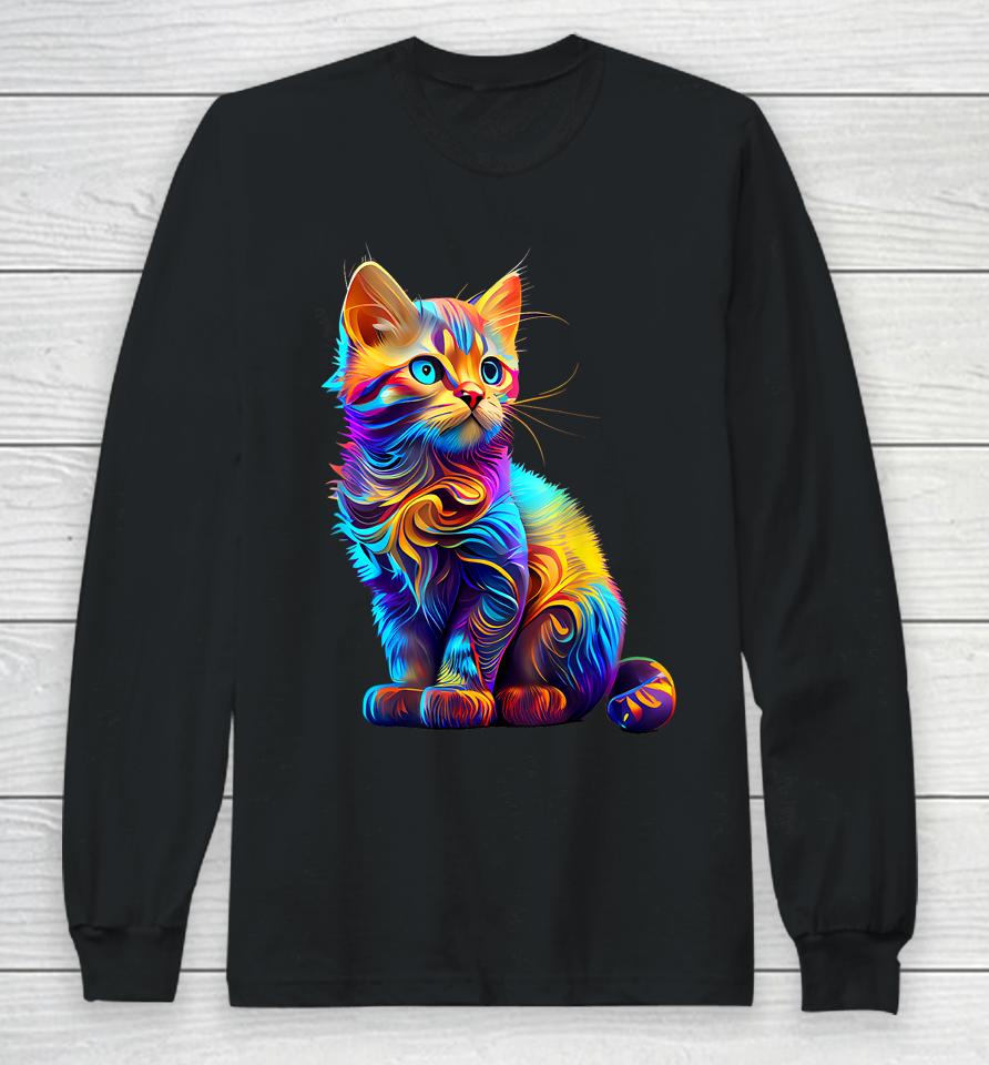 Cute Cat For Kitten Lovers Colorful Art Kitty Adoption Long Sleeve T-Shirt