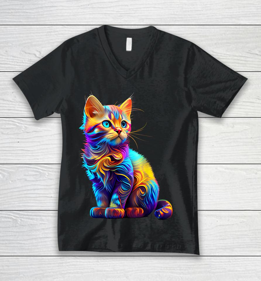 Cute Cat For Kitten Lovers Colorful Art Kitty Adoption Unisex V-Neck T-Shirt