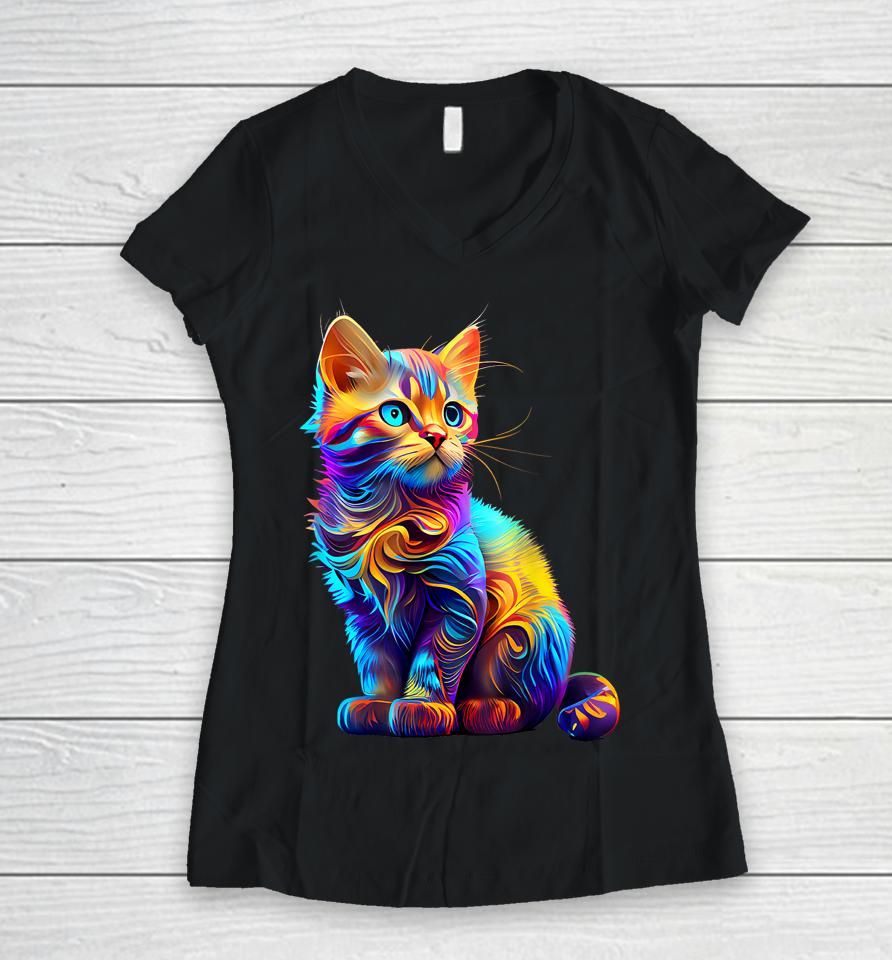 Cute Cat For Kitten Lovers Colorful Art Kitty Adoption Women V-Neck T-Shirt