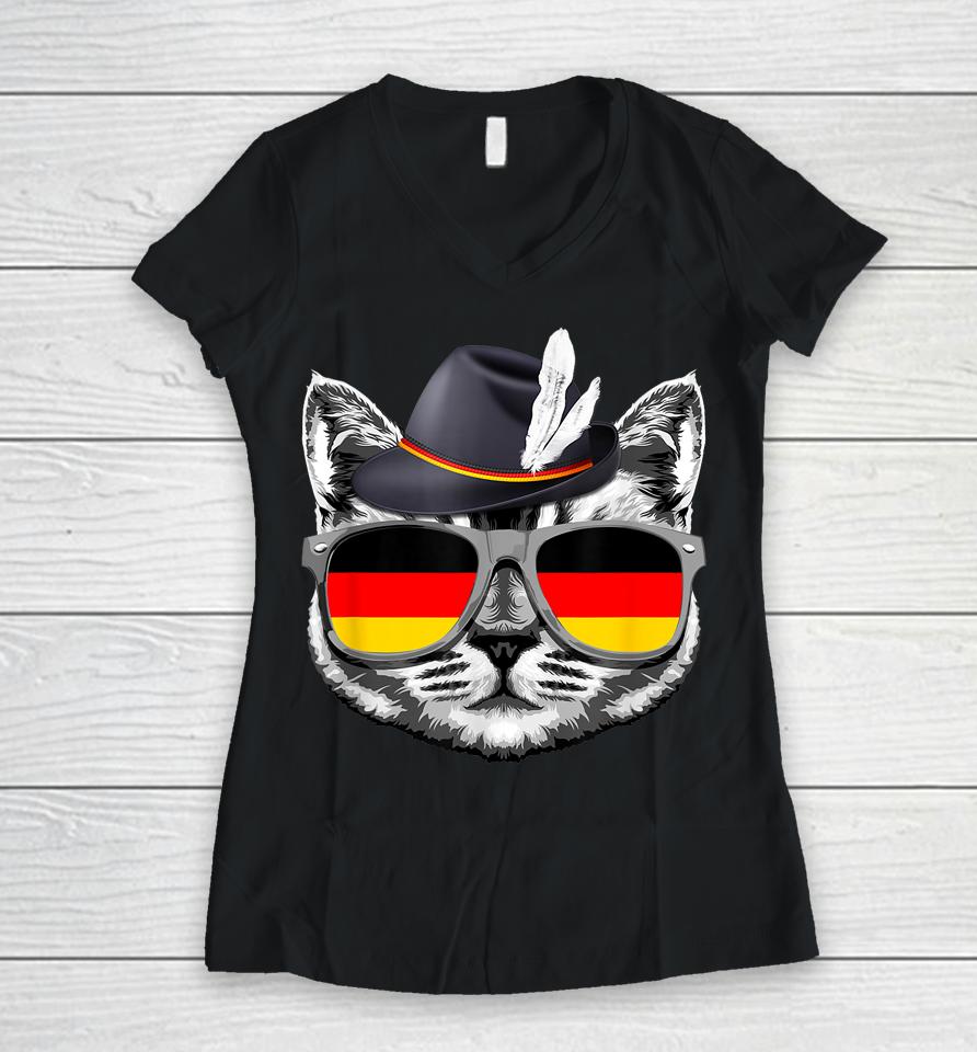 Cute Cat German Flag Oktoberfest Pride Germany Festival Women V-Neck T-Shirt
