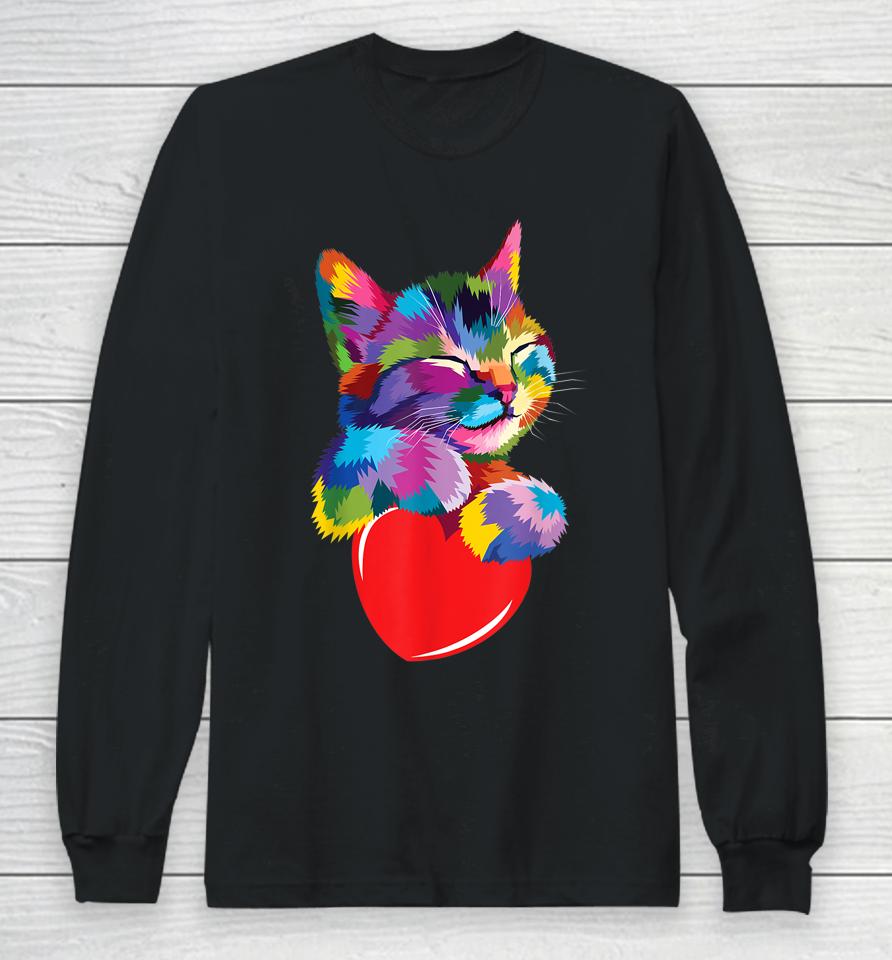 Cute Cat Gift For Kitten Lovers Colorful Art Kitty Adoption Long Sleeve T-Shirt