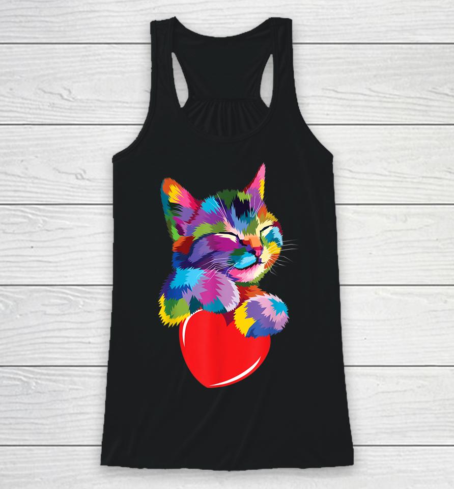 Cute Cat Gift For Kitten Lovers Colorful Art Kitty Adoption Racerback Tank