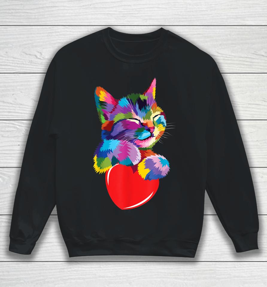 Cute Cat Gift For Kitten Lovers Colorful Art Kitty Adoption Sweatshirt