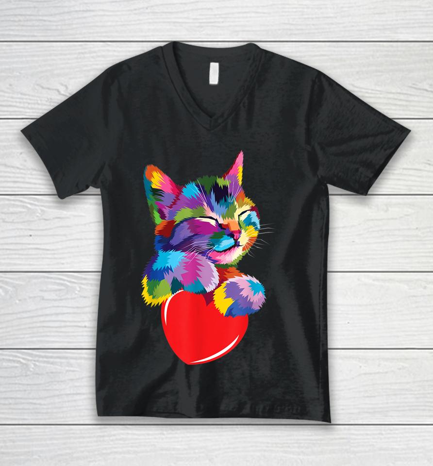 Cute Cat Gift For Kitten Lovers Colorful Art Kitty Adoption Unisex V-Neck T-Shirt