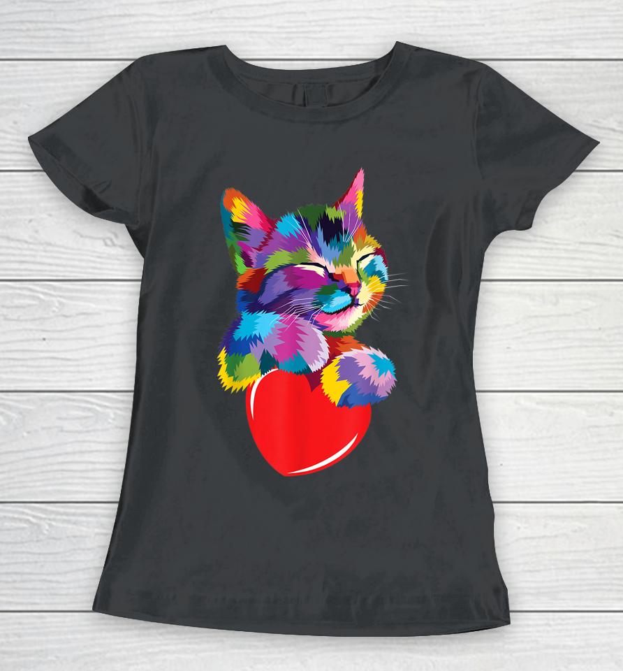 Cute Cat Gift For Kitten Lovers Colorful Art Kitty Adoption Women T-Shirt