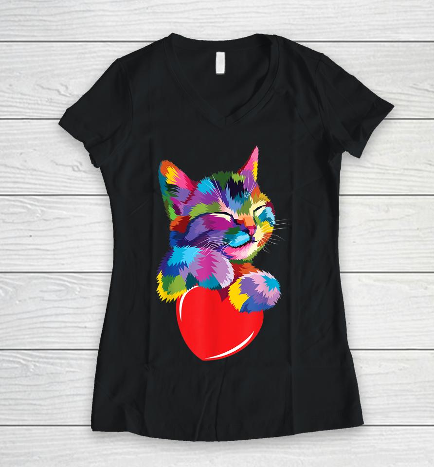 Cute Cat Gift For Kitten Lovers Colorful Art Kitty Adoption Women V-Neck T-Shirt