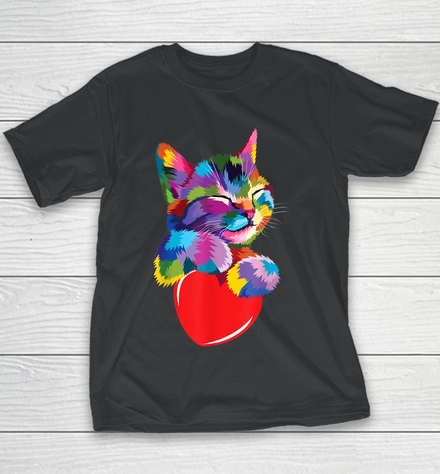 Cute Cat Gift For Kitten Lovers Colorful Art Kitty Adoption Youth T-Shirt