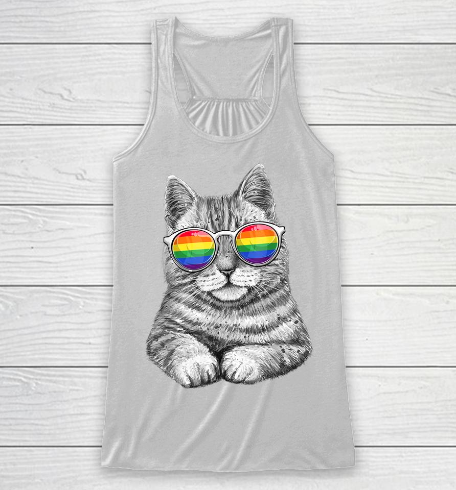 Cute Cat Lgbt Gay Rainbow Pride Flag Racerback Tank