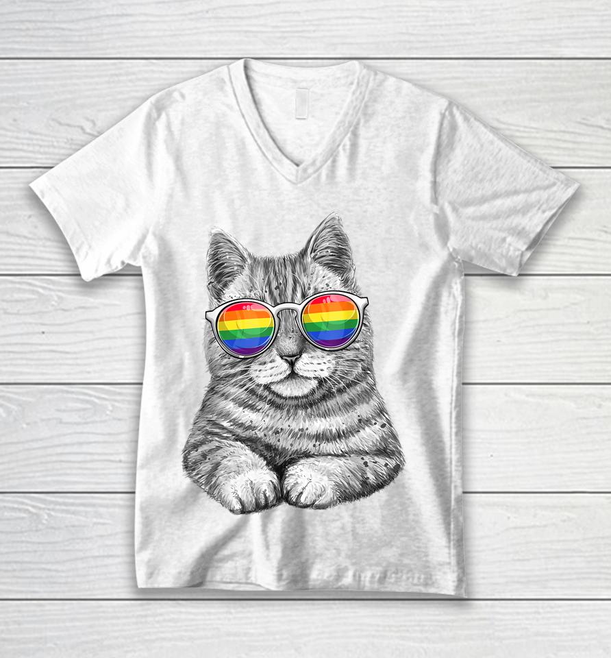 Cute Cat Lgbt Gay Rainbow Pride Flag Unisex V-Neck T-Shirt