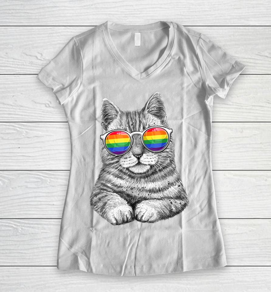 Cute Cat Lgbt Gay Rainbow Pride Flag Women V-Neck T-Shirt