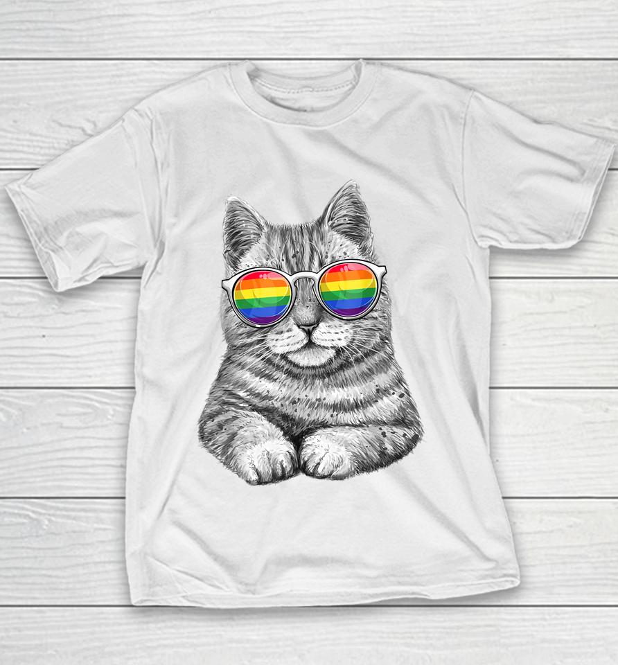 Cute Cat Lgbt Gay Rainbow Pride Flag Youth T-Shirt