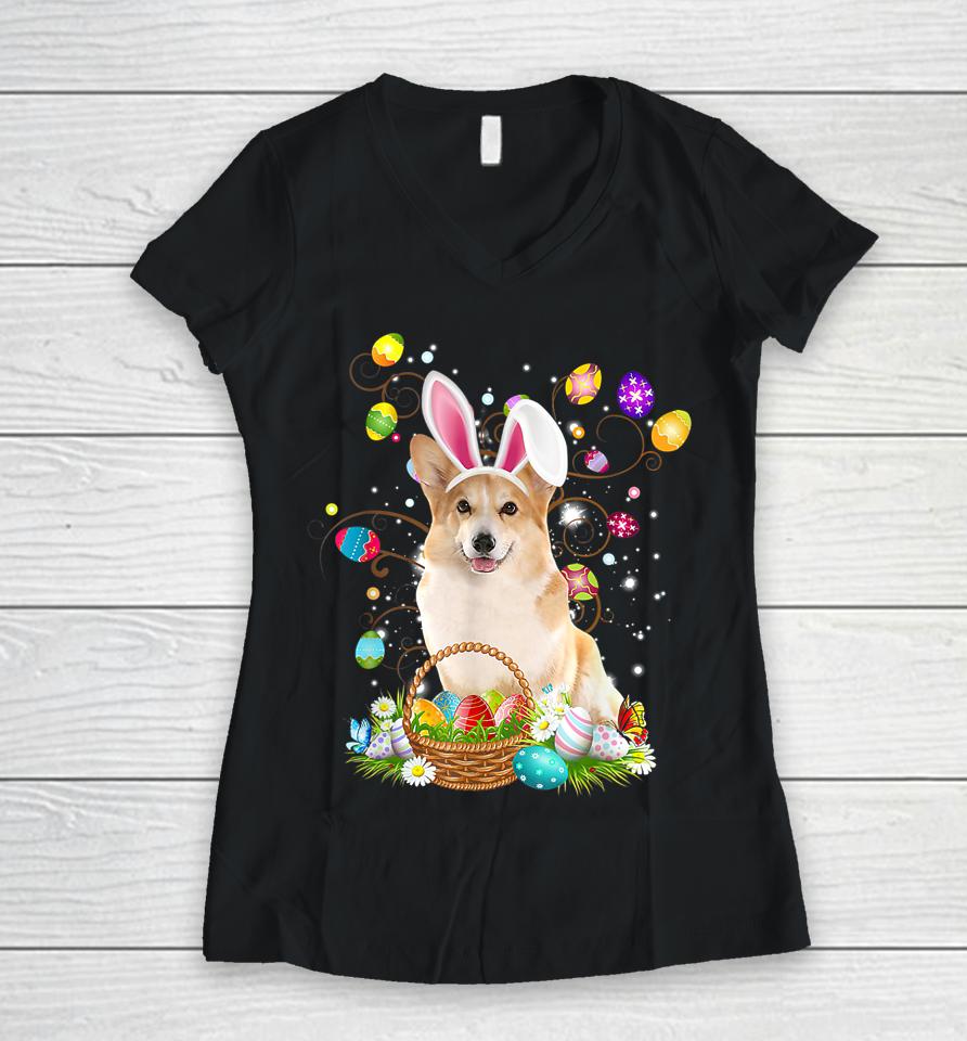 Cute Corgi Dog Egg Easter Day Women V-Neck T-Shirt