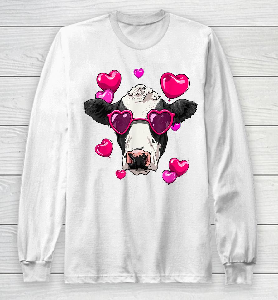 Cute Cow Heart Sunglasses Valentines Day Cattle Animal Lover Long Sleeve T-Shirt