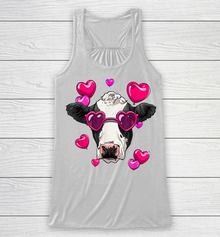 Cute Cow Heart Sunglasses Valentines Day Cattle Animal Lover Racerback Tank