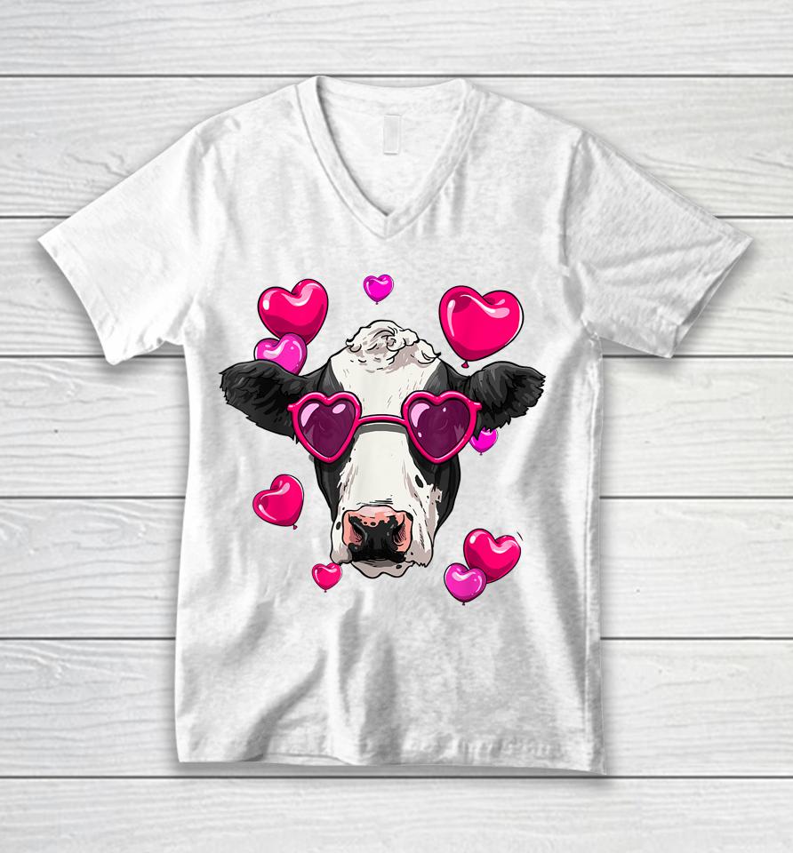 Cute Cow Heart Sunglasses Valentines Day Cattle Animal Lover Unisex V-Neck T-Shirt