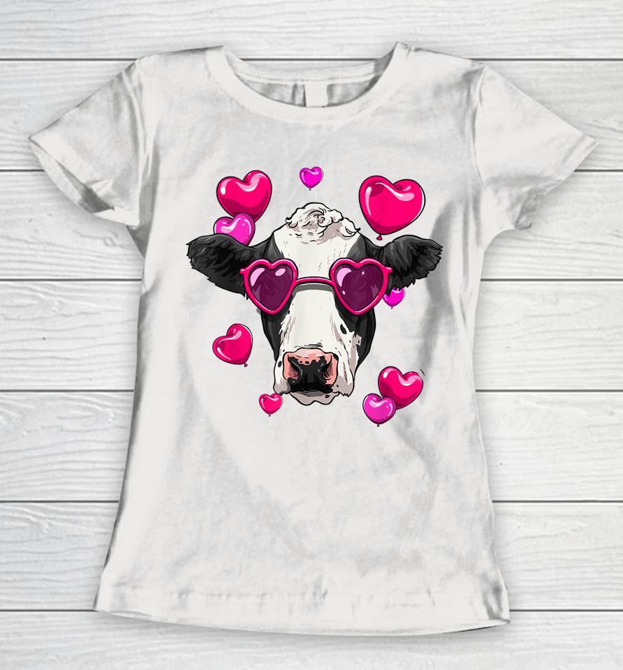 Cute Cow Heart Sunglasses Valentines Day Cattle Animal Lover Women T-Shirt