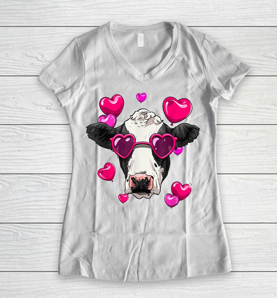 Cute Cow Heart Sunglasses Valentines Day Cattle Animal Lover Women V-Neck T-Shirt
