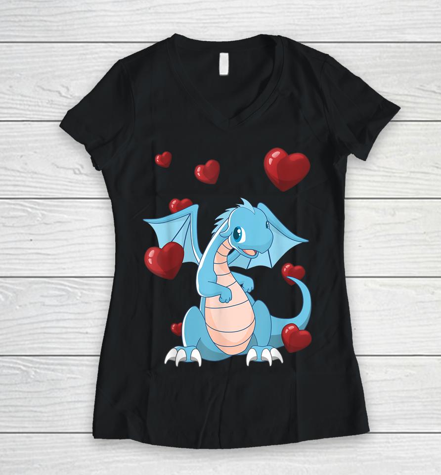Cute Dragon Funny Valentines Day Love Heart Women V-Neck T-Shirt