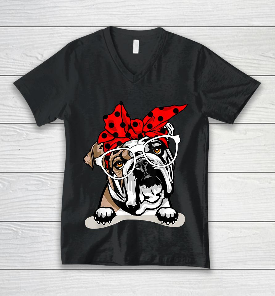 Cute English Bulldog Xmas Red Plaid Headband Unisex V-Neck T-Shirt