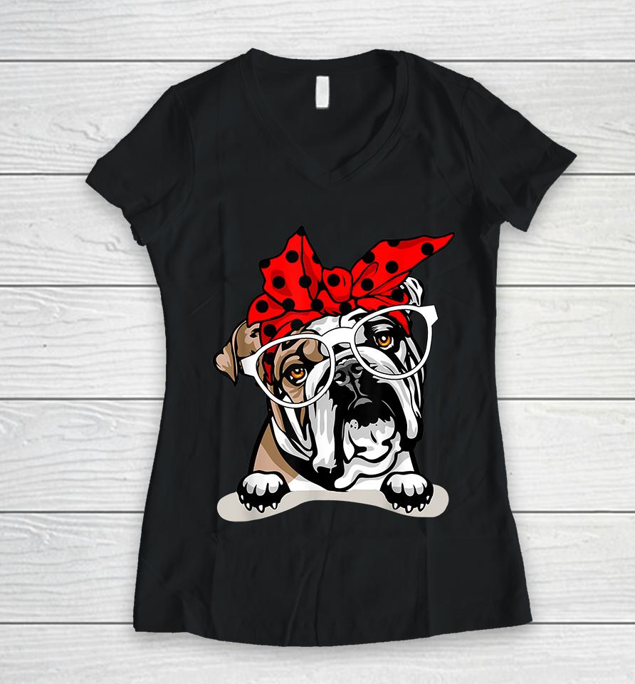 Cute English Bulldog Xmas Red Plaid Headband Women V-Neck T-Shirt