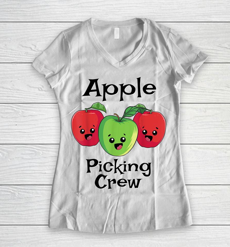 Cute Fall Autumn Orchard Matching Family Apple Picking Crew Women V-Neck T-Shirt