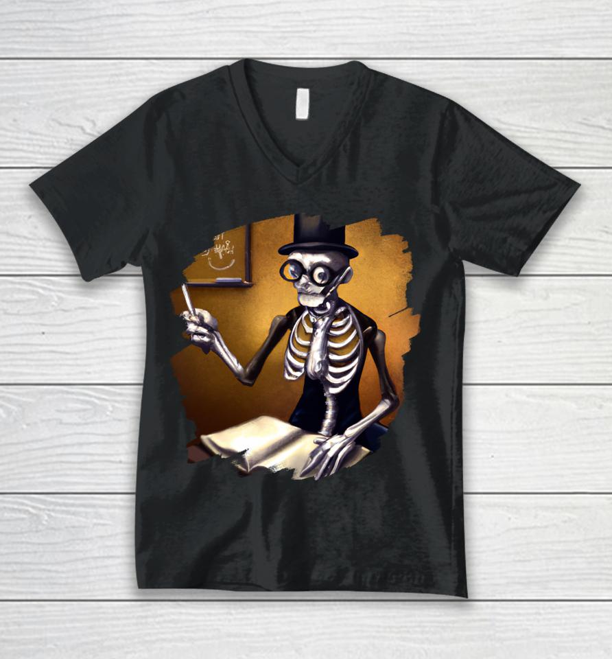 Cute Funny Skeleton Teacher Professor School Halloween Unisex V-Neck T-Shirt