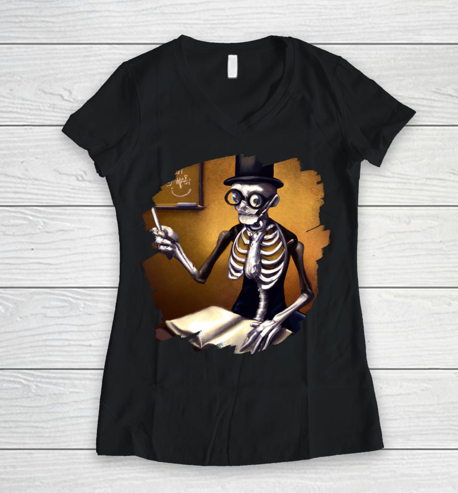 Cute Funny Skeleton Teacher Professor School Halloween Women V-Neck T-Shirt