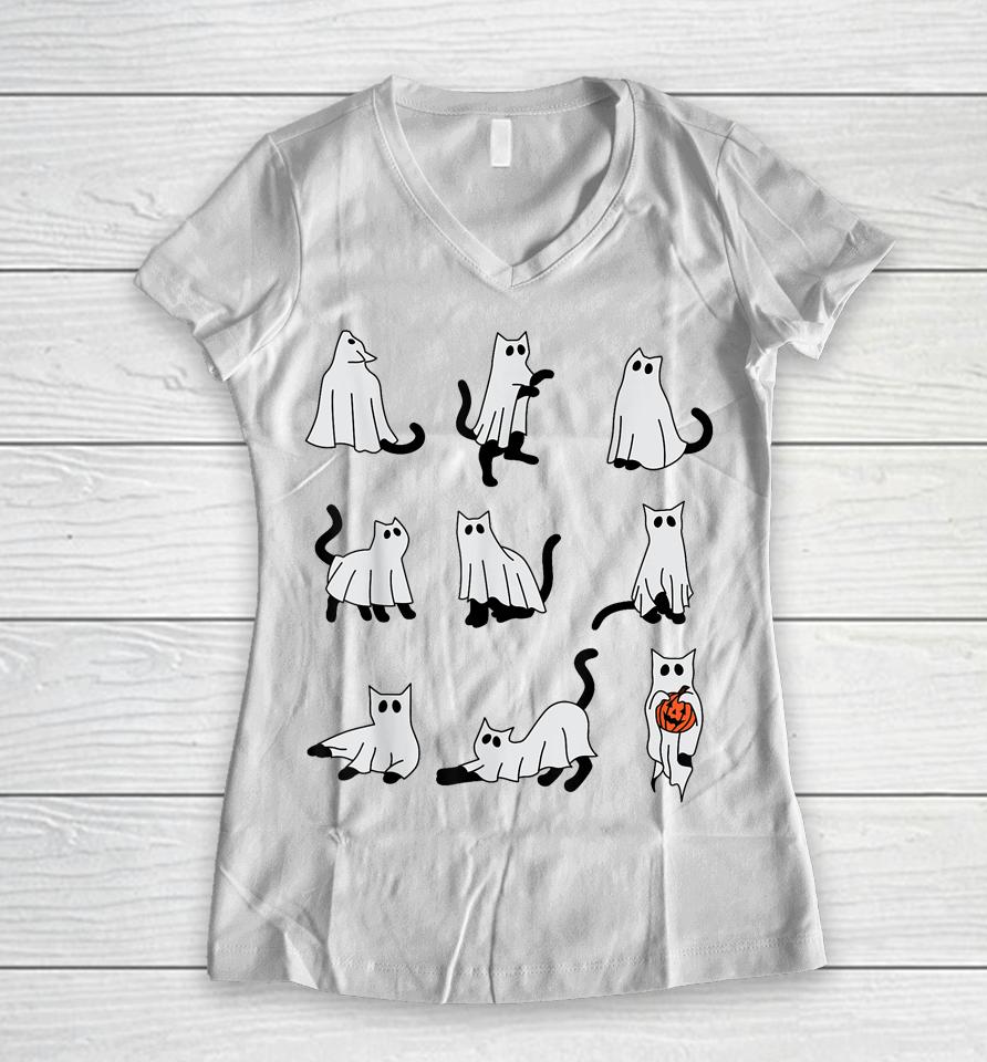 Cute Ghost Cat Funny Halloween Outfit Costumes Women V-Neck T-Shirt